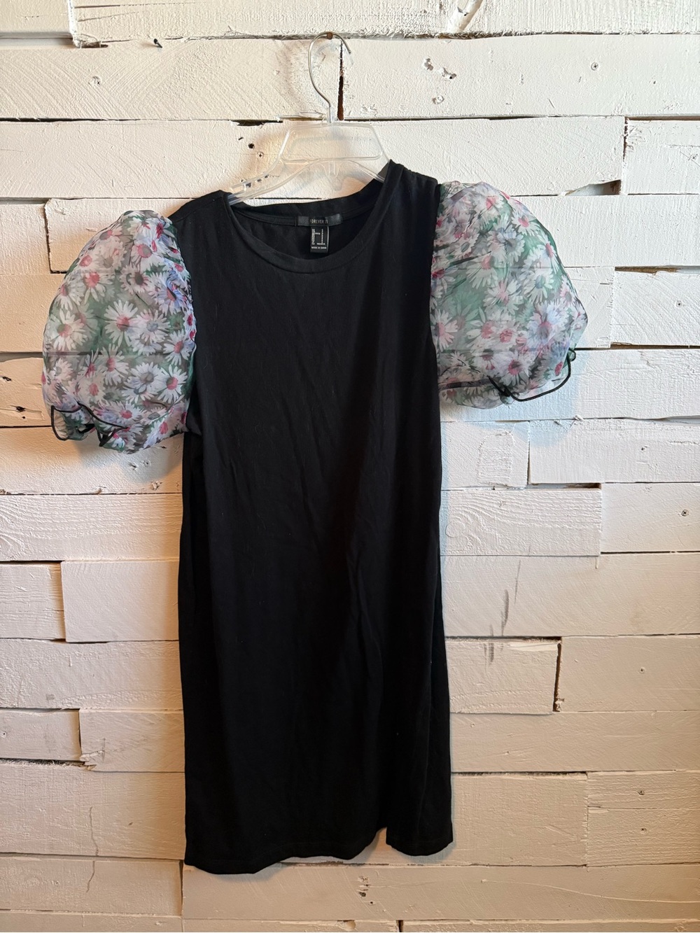 Forever 21 Black Midi Dress with Floral Puff Sleeves